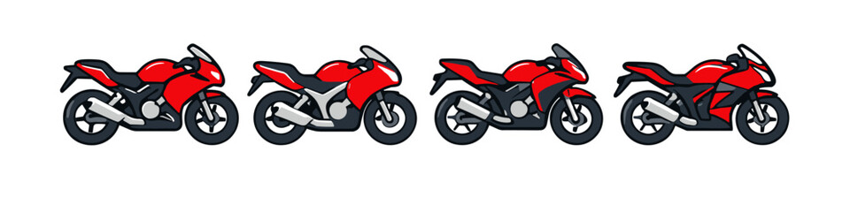 Fototapeta premium Four identical red sport motorcycles lined up in a row on a white background