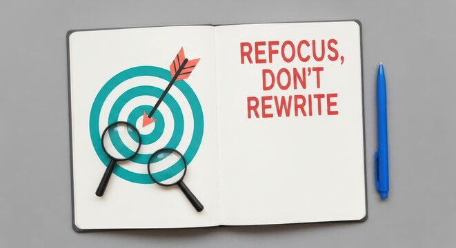 Target with arrow and magnifying glasses, illustrating the concept of refocusing efforts instead of rewriting to achieve goals.