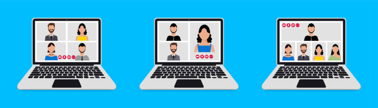 Online video conference laptops illustration. People avatars displayed on computer screens