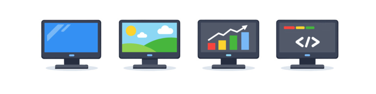 Four computer monitors displaying different content: blank screen, landscape, graph, and code