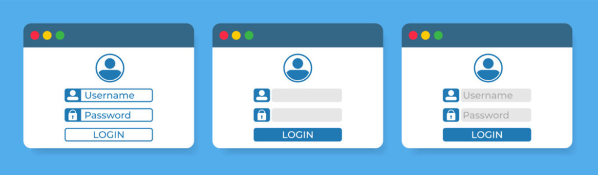 Login interface screens illustration set. User authorization windows with user name password and button elements
