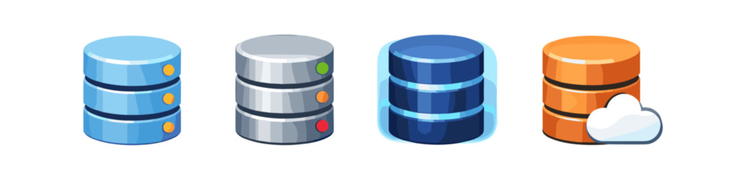 Set of four database icons representing different storage and cloud solutions