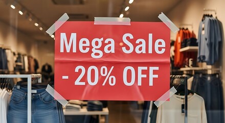 Mega Sale 20 Off Sign in Clothing Store Window Display.
