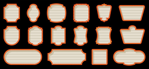 Decorative marquee label frames collection. Vintage sign shapes with light bulb border styling © top dog