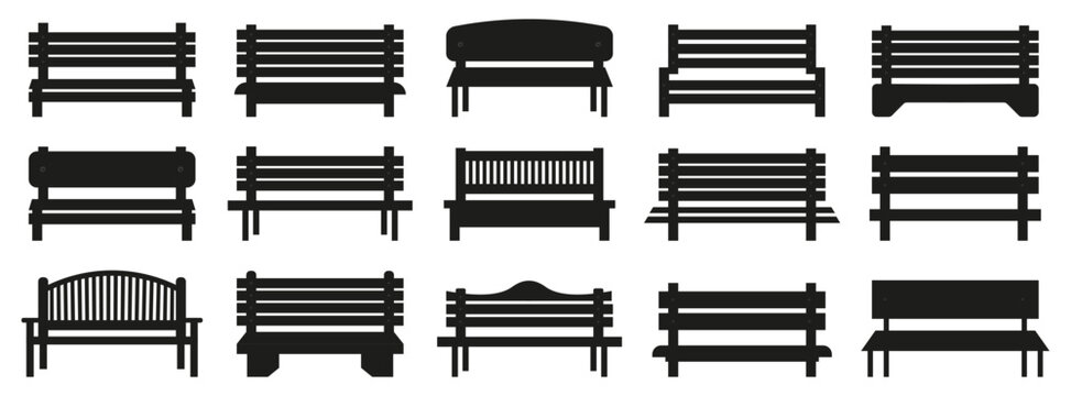 Park bench silhouettes collection in black. Various outdoor bench shapes with different backrest and leg