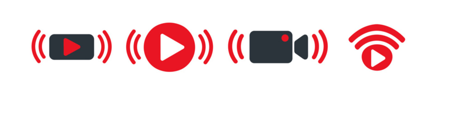 Collection of live streaming icons including play button, camera, and broadcast signals