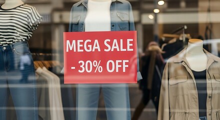 Mega Sale 30 Percent Off Clothing Store Window Display.