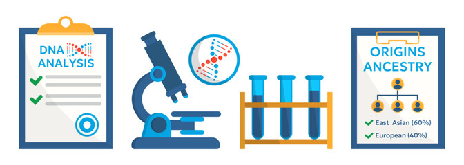 DNA analysis and laboratory research illustration set. Scientific equipment with microscope test tubes and genetic symbols