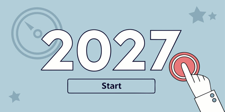 Business and technology goal setting for 2027 with hand pressing start button and progress dashboard concept business planning technology progress strategy dashboard
