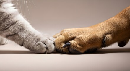 Cat and dog paws touching friendship and togetherness concept on neutral background