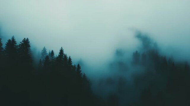 Dark green pines isolated on a misty mountain slope, dense fog softening light and shapes to create an ethereal, tranquil winter landscape of solitude and mystery
