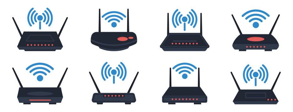 Wireless router illustration set. Different wifi modem designs with antennas and signal icons