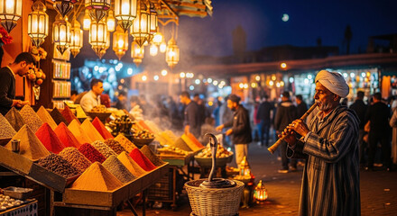 Obraz premium Man playing flute in a bustling spice market at night