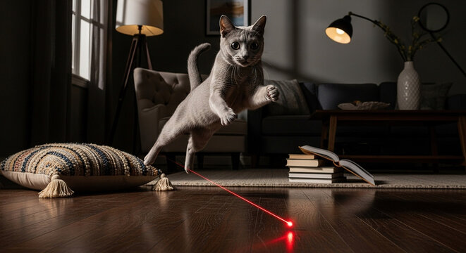 Cat chasing a laser pointer in a cozy living room