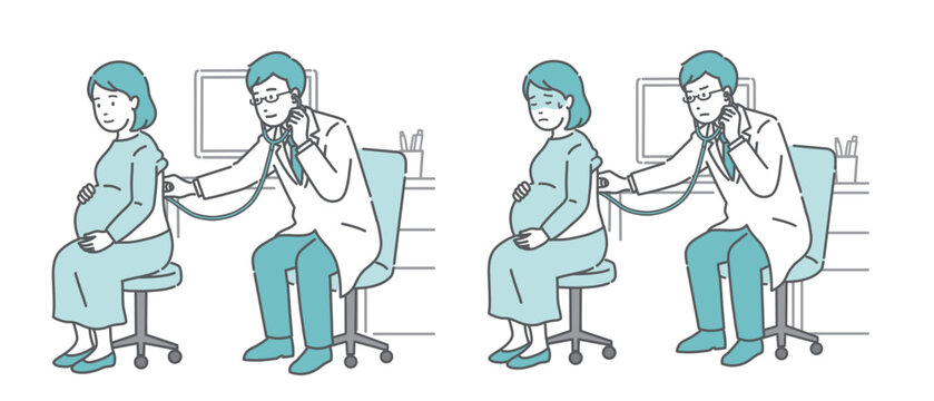 白衣を着用した男性医師による妊婦の背中の聴診イラストセット（正常・異常/体調不良）