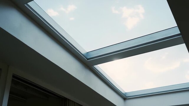 Multiple light wells bringing abundant natural daylight into a contemporary indoor space, creating a bright atmosphere with clean architectural lines and a view of the sky