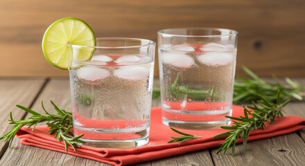 Fototapeta premium Two Chilled Cocktails with Ice and Lime Garnished with Rosemary on a Red Napkin