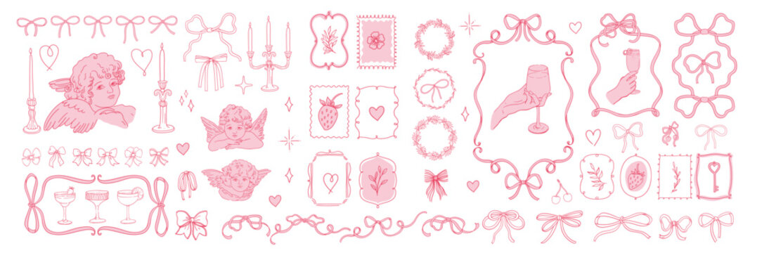 Big Coquette Set with Aesthetic Hand-Drawn Vector Elements. Bows, Hearts, and Vintage Frames. For Valentine's Day, romantic designs, postcards, greeting cards, wedding invitations, and banner.