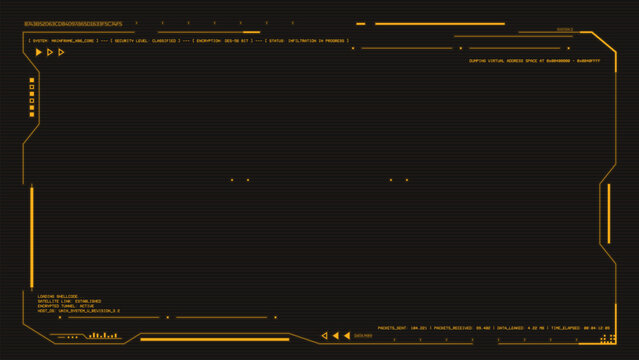 Retro futuristic amber overlay HUD with CRT scanlines. Amber military retro-futuristic UI overlay with 80s style interface template and glowing amber panels and frames. Retro-futuristic interface.