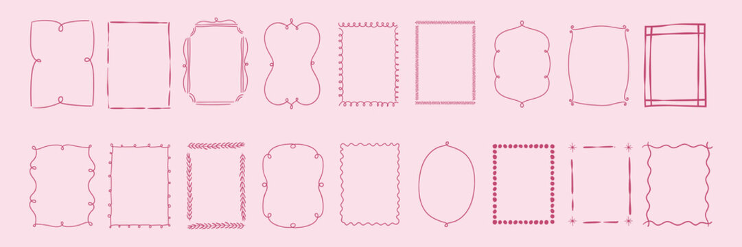 Coquette ribbon frame set with a bow. Hand-drawn vintage. For party invitation, and social media template decoration, and greetings in retro style. Vector minimalist border, doodle line art, banner.