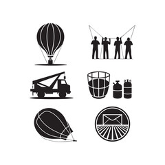  Hot Air Balloon Adventure and Ground Crew Logistics Black Silhouette Vector Illustration Set. 