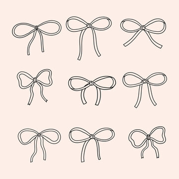 Coquette black line bow set. Hand-drawn vintage ribbons. Girly hairstyle accessories, decorative elements, romantic design. Vector illustration.