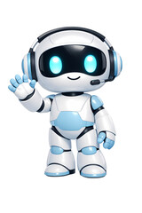 3D Illustration of a Cute White and Blue AI Robot Mascot Wearing a Headset and Waving, Concept of Chatbot Assistant and Customer Support Isolated on Transparent Background