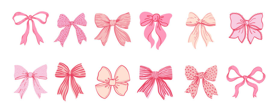 Coquette Cute bow set. Hand-drawn vintage ribbons. For Bachelorette party, Wedding, Birthday party invitation, and social media template decoration, and greetings in retro style. Vector