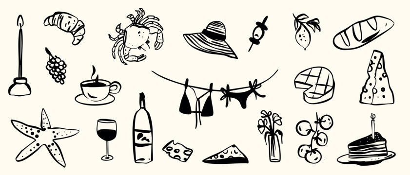 Hand drawn crayon Italian line food vacation lunch collection in simple minimalistic style. Vector whimsical breakfast cheese doodle sketch set.