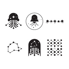  Mystical Celestial Space and Jellyfish Galaxy Silhouette Vector Icon and Illustration Set.