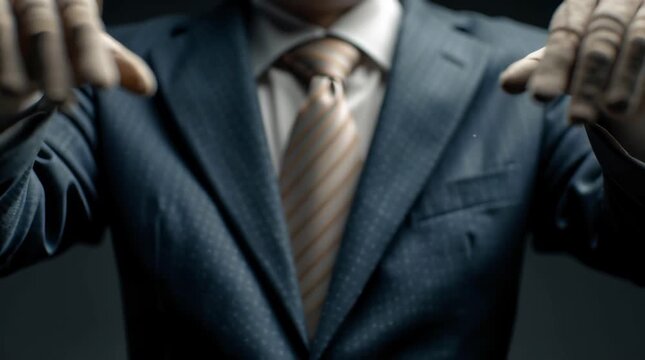 Close-up of a puppet's hands in a business suit with strings attached, symbolizing manipulation, control, and management of people or businesses, representing the concept of a puppeteer.