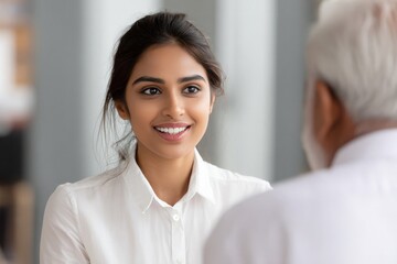 Obraz premium Indian woman in white shirt smiles talking to man in blurred office background