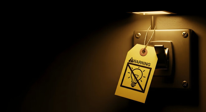 Power Outage. Yellow warning tag hanging on light switch in dark room with emergency lighting, energy crisis concept showing forbidden electricity usage