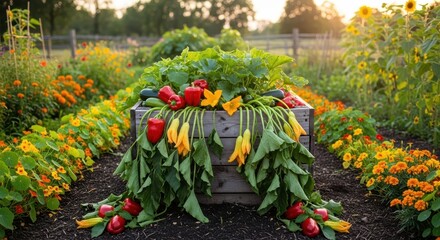 Obraz premium A bountiful harvest of fresh vegetables and vibrant flowers overflows from a rustic wooden crate in a sunlit garden setting.