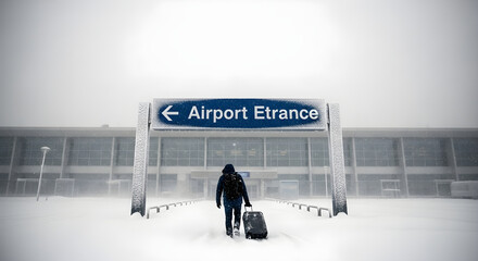 Winter Travel Crisis. Traveler pulling suitcase through heavy snow towards an airport entrance, illustrating flight delays and extreme weather disruptions during a blizzard.