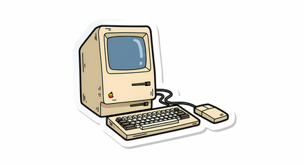 Vintage apple macintosh personal computer sticker illustration with keyboard and mouse on white background retro device