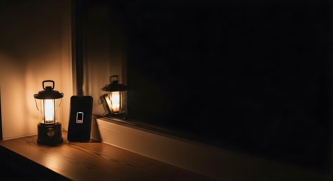 Power Outage. Portable lantern and smartphone with low battery icon on a windowsill in a dark room during a winter blackout, illustrating emergency preparedness and energy crisis.