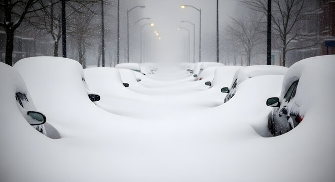 Heavy Snowfall. Cars buried under deep layers of white snow on a foggy urban street during an extreme winter blizzard and state of emergency.