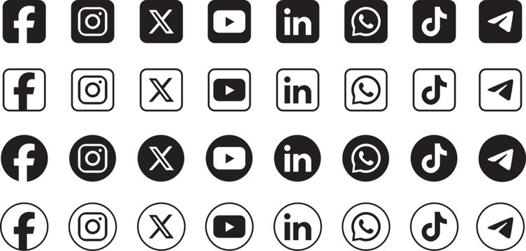 Modern social media Icons in unique styles, facebook, instagram, twitter, x, telegram, tiktok,linkedin, youtube icon set