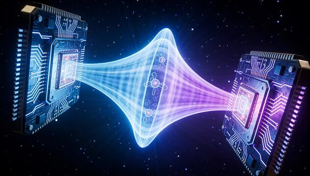 Quantum computing data transfer between processors through a wormhole-like energy conduit in deep space.