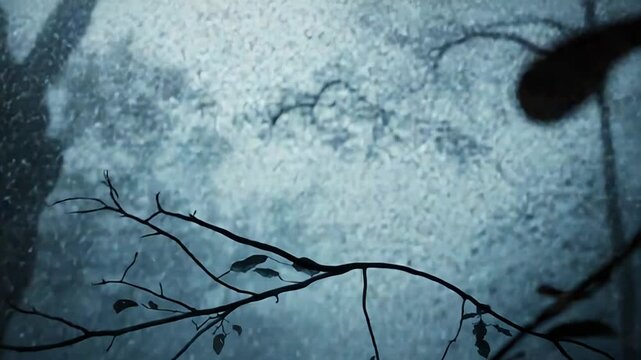 Bare tree branches with silhouetted leaves framing a moody background of blurred fog and shadowy woodland creating an atmospheric, melancholic, and tranquil natural scene