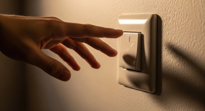 Hand turning on light switch in dimly lit room, creating warm glow and highlighting textured wall