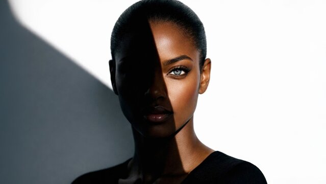 Dramatic studio portrait of woman with strong diagonal shadow across face, high contrast lighting on clean background.