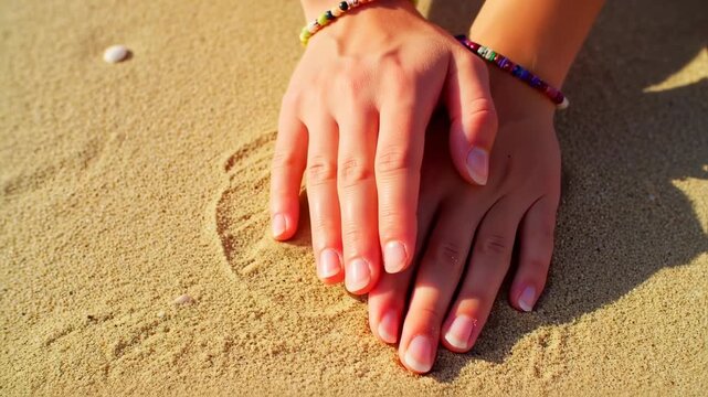 Close-up of two hands resting on sand, adorned with bracelets