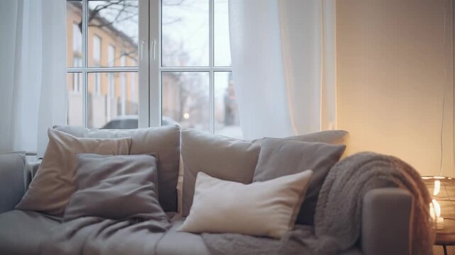 Living room interior presenting a comfortable sofa with cushions and soft throws, illuminated by warm lamp light and a glowing candle, creating a cozy and inviting home atmosphere