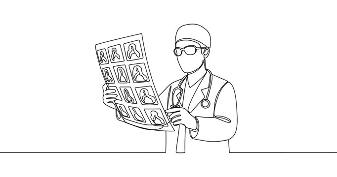 Male doctor analyzing x-ray image in hospital setting. No editable stroke