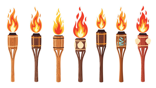 Elegant Torches for Ambiance: A set of seven stylish torches with varying wooden designs and bright, dancing flames, perfect for creating a warm and inviting atmospher...