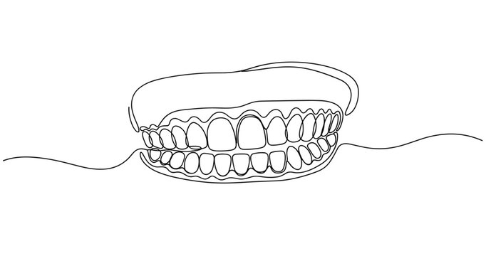 Minimalist continuous line drawing of human jaw and teeth. No editable stroke