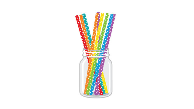 Colorful Drinking Straws in Jar: A clear mason jar filled with a vibrant assortment of polka-dotted drinking straws in various rainbow colors, ideal for parties, bever...