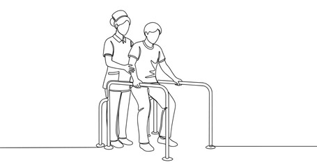 Female nurse assisting adult male with physical therapy using parallel bars. No editable stroke